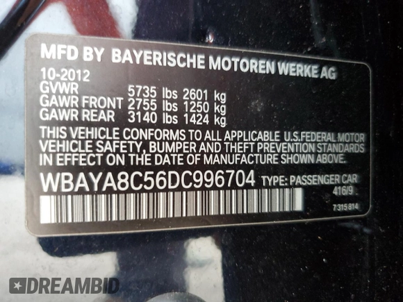 2013 BMW 7 Series 750i with VIN WBAYA8C56DC996704, listed as a Copart auction lot 64466705 with 102,278 mi miles and Salvage title. Bid and sale history available at DreamBid. Image 13.