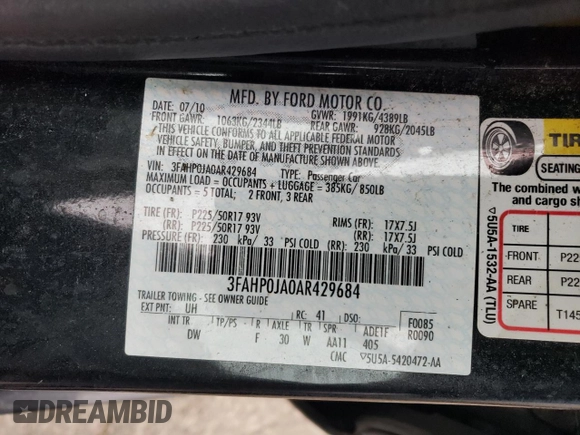 2010 Ford Fusion SEL with VIN 3FAHP0JA0AR429684, listed as a Copart auction lot 82409314 with 0 mi miles and Salvage Title. Bid and sale history available at carsss.com. Image 12.