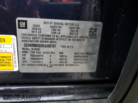 2017 Buick Enclave Leather with VIN 5GAKRBKD2HJ308787, listed as a Copart auction lot 85222834 with 98,751 mi miles and Salvage Title. Bid and sale history available at DreamBid. Image 13.
