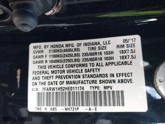 2017 Honda CR-V EX with VIN 7FARW1H52HE011174, listed as a IAAI auction lot 41728289 with 53,297 mi miles. Bid and sale history available at carsss.com. Image 9.