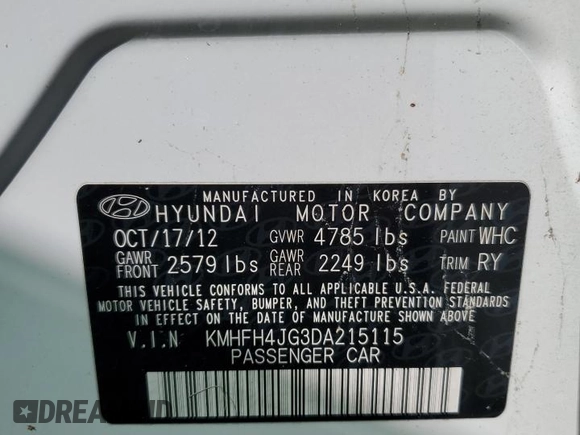 2013 Hyundai Azera with VIN KMHFH4JG3DA215115, listed as a Copart auction lot 75914224 with Not Provided miles and Salvage Title. Bid and sale history available at carsss.com. Image 13.