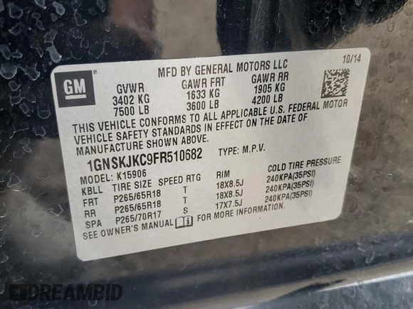 2015 Chevrolet Suburban LT with VIN 1GNSKJKC9FR510682, listed as a Copart auction lot 55427315 with 202,592 mi miles and Salvage Title. Bid and sale history available at DreamBid. Image 13.