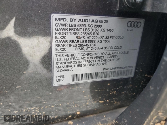 2021 Audi Q7 Premium Plus with VIN WA1LJAF79MD012225, listed as a Copart auction lot 49011665 with Not provided miles and Salvage title. Bid and sale history available at DreamBid. Image 16.