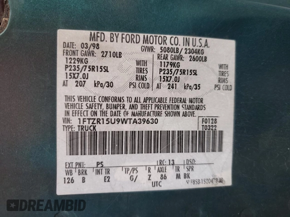 1998 Ford Ranger XL with VIN 1FTZR15U9WTA39630, listed as a Copart auction lot 82971384 with 84,151 mi miles and Salvage Title. Bid and sale history available at carsss.com. Image 12.
