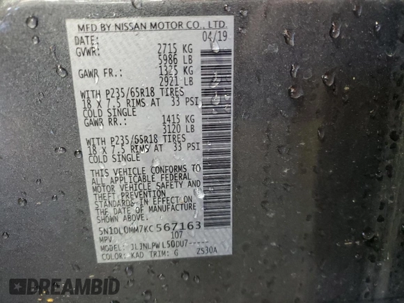 2019 Infiniti QX60 Luxe with VIN 5N1DL0MM7KC567163, listed as a Copart auction lot 49100445 with 89,030 mi miles and Salvage title. Bid and sale history available at DreamBid. Image 14.