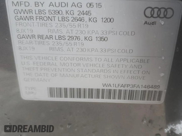 2015 Audi Q5 Premium Plus with VIN WA1LFAFP3FA146489, listed as a Copart auction lot 41491665 with 105,795 mi miles and Salvage title. Bid and sale history available at DreamBid. Image 15.