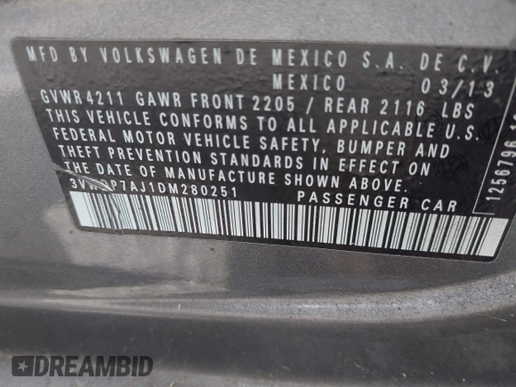 2013 Volkswagen Jetta SE with VIN 3VWDP7AJ1DM280251, listed as a IAAI auction lot 42391472 with 98,788 mi miles and . Bid and sale history available at DreamBid. Image 9.