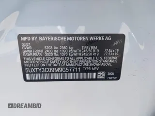 2021 BMW X3 sDrive30i z VIN 5UXTY3C09M9G57711, wystawiony jako IAAI lot #42000500 z przebiegiem 31 312 mil mil oraz . Historia ofert i sprzedaży dostępna na DreamBid. Obrazek 9.