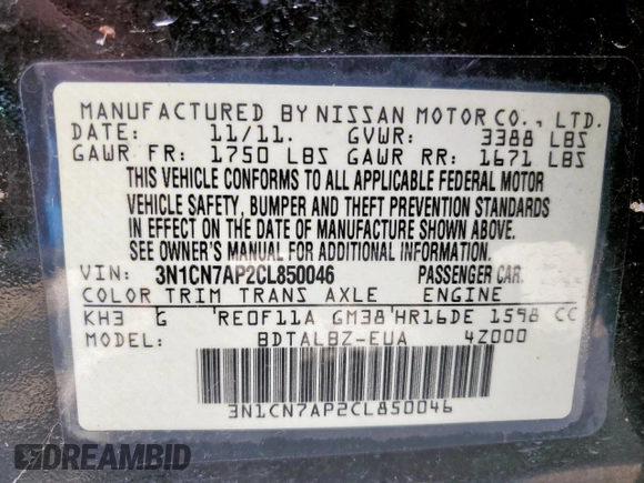 2012 Nissan Versa SV with VIN 3N1CN7AP2CL850046, listed as a Copart auction lot 54438875 with 135,258 mi miles and Salvage Title. Bid and sale history available at carsss.com. Image 12.