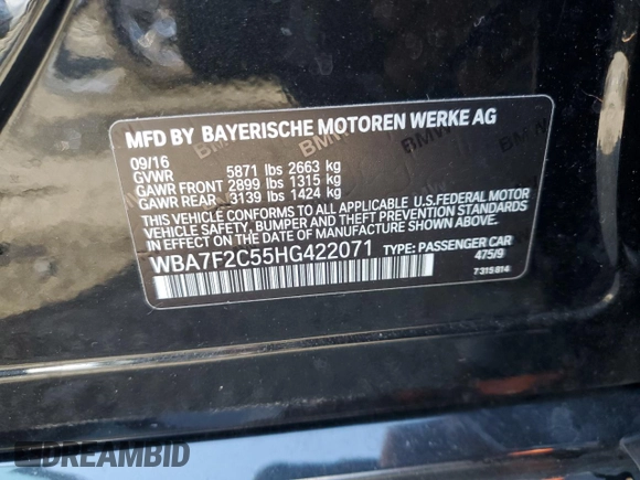 2017 BMW 7 Series ALPINA B7 xDrive with VIN WBA7F2C55HG422071, listed as a Copart auction lot 79205134 with 39,856 mi miles and Salvage title. Bid and sale history available at DreamBid. Image 12.