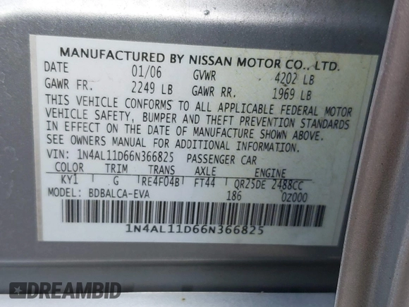 2006 Nissan Altima 2.5 with VIN 1N4AL11D66N366825, listed as a IAAI auction lot 41735284 with 169,131 mi miles. Bid and sale history available at carsss.com. Image 9.
