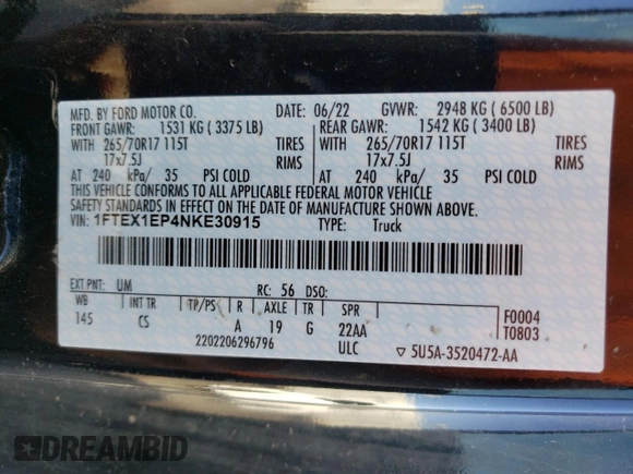2022 Ford F-150 XL with VIN 1FTEX1EP4NKE30915, listed as a Copart auction lot 53478245 with 33,365 mi miles and Salvage title. Bid and sale history available at DreamBid. Image 12.