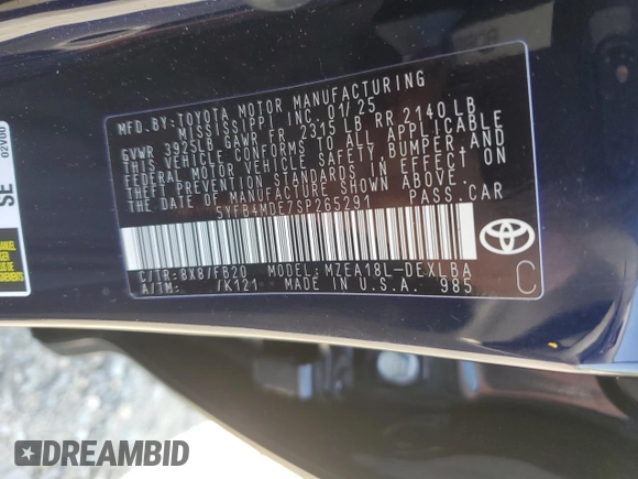 2025 Toyota Corolla LE with VIN 5YFB4MDE7SP265291, listed as a Copart auction lot 54345005 with 1,035 mi miles and Clean Title. Bid and sale history available at carsss.com. Image 12.