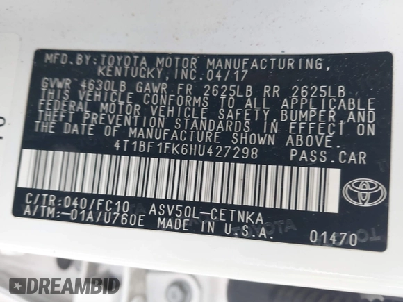 2017 Toyota Camry XLE with VIN 4T1BF1FK6HU427298, listed as a IAAI auction lot 41596308 with 138,543 mi miles and . Bid and sale history available at DreamBid. Image 9.