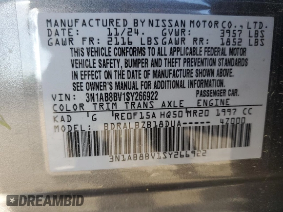 2025 Nissan Sentra S z VIN 3N1AB8BV1SY266922, wystawiony jako Copart lot #49598305 z przebiegiem 1 102 mil mil oraz Szkoda całkowita • Salvage title. Historia ofert i sprzedaży dostępna na DreamBid. Obrazek 12.