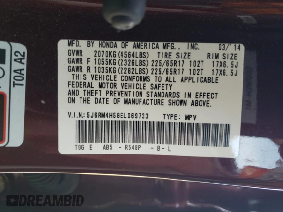 2014 Honda CR-V EX with VIN 5J6RM4H58EL069733, listed as a Copart auction lot 54972755 with 102,542 mi miles and Salvage title. Bid and sale history available at DreamBid. Image 13.