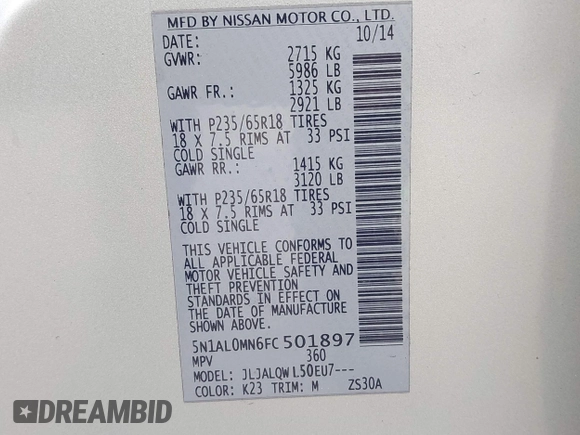2015 Infiniti QX60 with VIN 5N1AL0MN6FC501897, listed as a IAAI auction lot 41950700 with 109,603 mi miles. Bid and sale history available at carsss.com. Image 9.