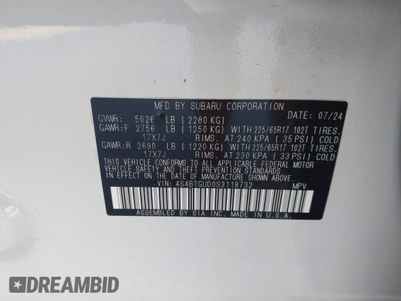 2025 Subaru Outback Wilderness with VIN 4S4BTGUD0S3118732, listed as a IAAI auction lot 42731589 with 9,399 mi miles and . Bid and sale history available at DreamBid. Image 9.