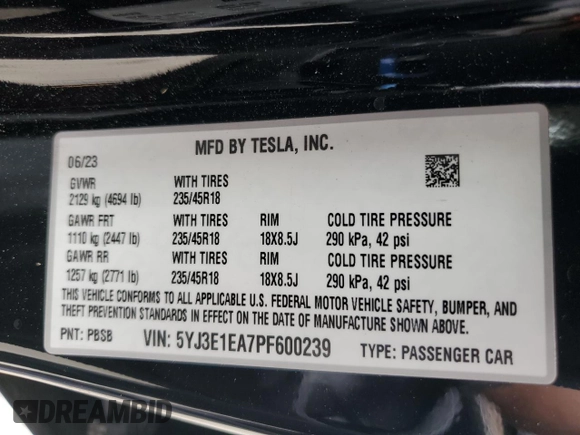2023 Tesla Model 3 z VIN 5YJ3E1EA7PF600239, wystawiony jako Copart lot #56557705 z przebiegiem 18 851 mil mil oraz Szkoda całkowita • Salvage title. Historia ofert i sprzedaży dostępna na DreamBid. Obrazek 13.
