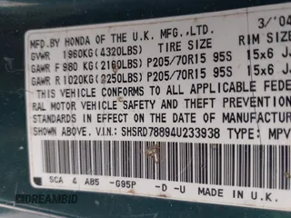 2004 Honda CR-V EX with VIN SHSRD78894U233938, listed as a IAAI auction lot 42104070 with 316,157 mi miles and . Bid and sale history available at carsss.com. Image 9.