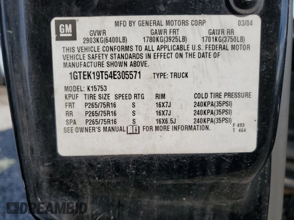 2004 GMC Sierra 1500 SLE with VIN 1GTEK19T54E305571, listed as a Copart auction lot 56954375 with 174,649 mi miles and Salvage title. Bid and sale history available at DreamBid. Image 12.