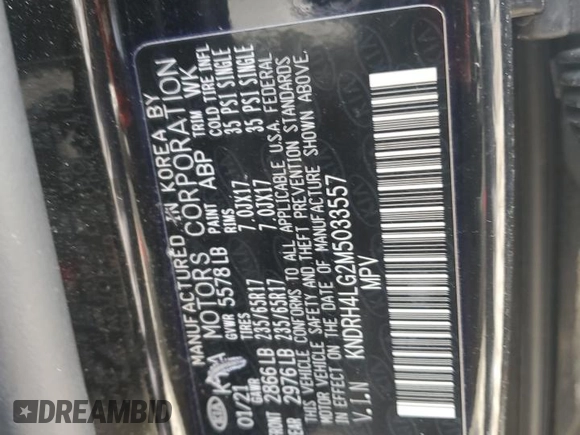 2021 Kia Sorento EX with VIN KNDRH4LG2M5033557, listed as a Copart auction lot 48209075 with 57,705 mi miles and Salvage title. Bid and sale history available at DreamBid. Image 16.