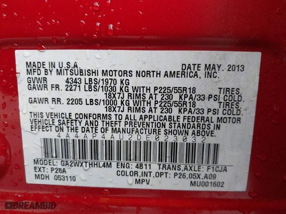 2013 Mitsubishi Outlander Sport SE with VIN 4A4AP4AU2DE023032, listed as a IAAI auction lot 42075266 with 65,103 mi miles. Bid and sale history available at carsss.com. Image 9.