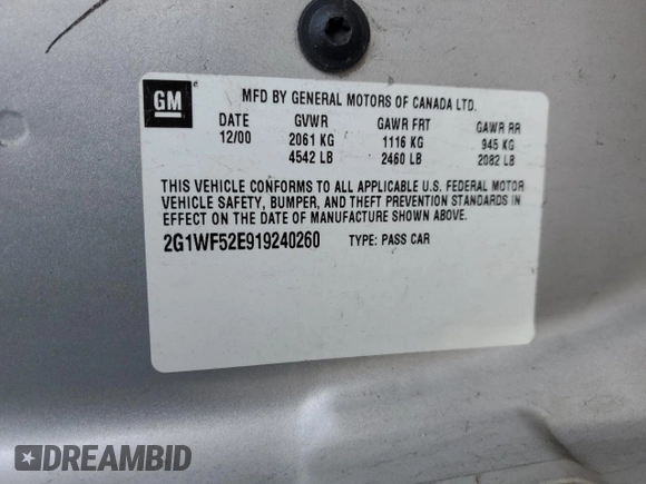 2001 Chevrolet Impala z VIN 2G1WF52E919240260, wystawiony jako Copart lot #48202975 z przebiegiem 145 170 mil mil oraz Szkoda całkowita • Salvage title. Historia ofert i sprzedaży dostępna na DreamBid. Obrazek 12.