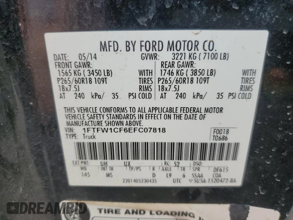 2014 Ford F-150 XL with VIN 1FTFW1CF6EFC07818, listed as a Copart auction lot 56003585 with 153,562 mi miles and Salvage title. Bid and sale history available at DreamBid. Image 13.