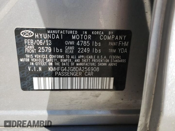 2013 Hyundai Azera с VIN KMHFG4JG8DA256908, выставлен на аукционе Copart как лот 50573915 с пробегом 146 015 миль миль и Списание • Salvage title. История ставок и продаж доступна на DreamBid. Изображение 12.