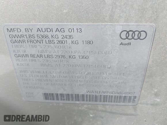 2013 Audi Q5 Premium Plus with VIN WA1LFAFP8DA058907, listed as a IAAI auction lot 42250469 with 113,742 mi miles and . Bid and sale history available at DreamBid. Image 9.