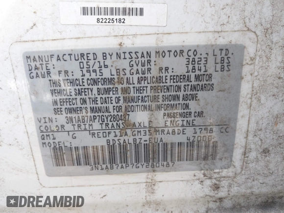 2016 Nissan Sentra S with VIN 3N1AB7AP7GY280487, listed as a IAAI auction lot 42008483 with 196,659 mi miles and . Bid and sale history available at DreamBid. Image 9.