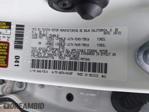 2022 Toyota Tacoma SR with VIN 3TMCZ5ANXNM457736, listed as a IAAI auction lot 41708016 with 44,351 mi miles and . Bid and sale history available at DreamBid. Image 9.