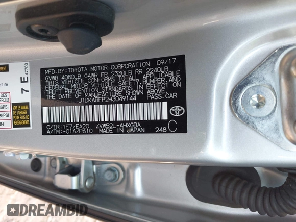 2017 Toyota Prius Plus with VIN JTDKARFP2H3049144, listed as a IAAI auction lot 41908194 with 66,288 mi miles and . Bid and sale history available at DreamBid. Image 9.