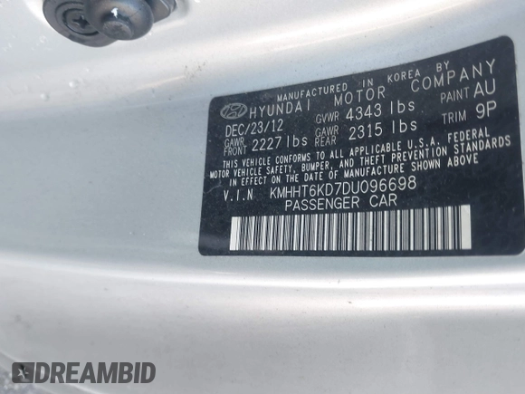 2013 Hyundai Genesis Coupe R-Spec with VIN KMHHT6KD7DU096698, listed as a IAAI auction lot 41604486 with Not provided miles and . Bid and sale history available at DreamBid. Image 9.