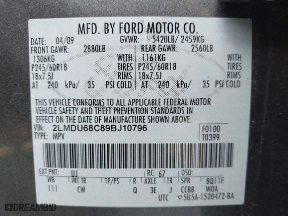 2009 Lincoln MKX with VIN 2LMDU68C89BJ10796, listed as a IAAI auction lot 41570182 with 201,400 mi miles. Bid and sale history available at carsss.com. Image 9.