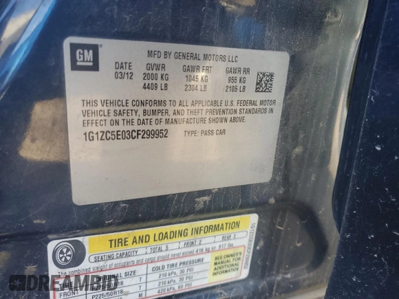 2012 Chevrolet Malibu 1LT with VIN 1G1ZC5E03CF299952, listed as a Copart auction lot 77231464 with 171,891 mi miles and Clean Title. Bid and sale history available at DreamBid. Image 12.