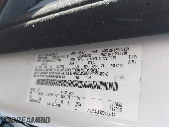 2017 Ford Transit with VIN 1FTYR1YM4HKA85415, listed as a IAAI auction lot 42143805 with Not provided miles and . Bid and sale history available at DreamBid. Image 9.