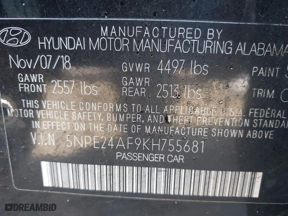 2019 Hyundai Sonata SE with VIN 5NPE24AF9KH755681, listed as a IAAI auction lot 41456521 with 128,345 mi miles. Bid and sale history available at carsss.com. Image 9.