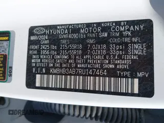 2024 Hyundai Kona SEL with VIN KM8HB3AB7RU147464, listed as a IAAI auction lot 42050923 with 21,165 mi miles. Bid and sale history available at carsss.com. Image 9.