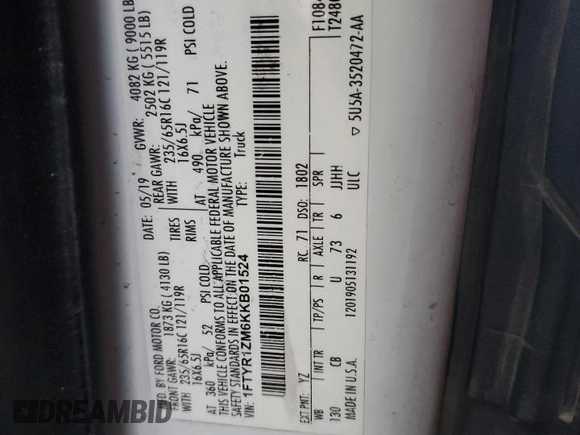 2019 Ford Transit with VIN 1FTYR1ZM6KKB01524, listed as a Copart auction lot 87309434 with 74,696 mi miles and Salvage Title. Bid and sale history available at DreamBid. Image 13.
