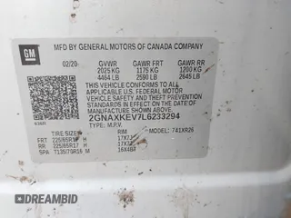 2020 Chevrolet Equinox LT with VIN 2GNAXKEV7L6233294, listed as a IAAI auction lot 41413184 with 118,658 mi miles and . Bid and sale history available at carsss.com. Image 9.