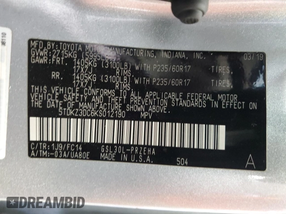 2019 Toyota Sienna LE Auto Access Seat with VIN 5TDKZ3DC6KS012190, listed as a Copart auction lot 54215005 with 70,332 mi miles and Salvage title. Bid and sale history available at DreamBid. Image 13.