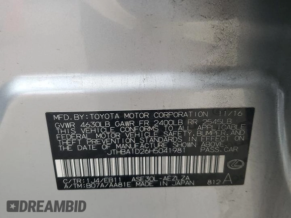 2017 Lexus IS with VIN JTHBA1D26H5041981, listed as a Copart auction lot 42762265 with 130,567 mi miles and Salvage Title. Bid and sale history available at carsss.com. Image 12.
