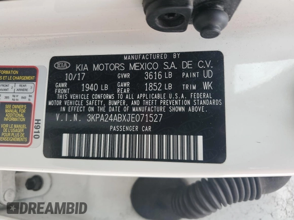 2018 Kia Rio LX with VIN 3KPA24ABXJE071527, listed as a Copart auction lot 71826744 with 47,584 mi miles and Salvage Title. Bid and sale history available at DreamBid. Image 14.