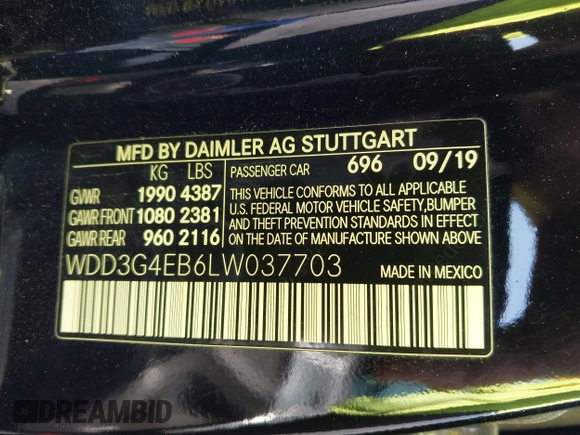 2020 Mercedes-Benz A 220 with VIN WDD3G4EB6LW037703, listed as a IAAI auction lot 41764735 with 39,717 mi miles and . Bid and sale history available at DreamBid. Image 9.