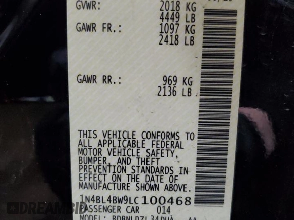 2020 Nissan Altima 2.5 S with VIN 1N4BL4BW9LC100468, listed as a Copart auction lot 52067995 with 42,766 mi miles and Salvage Title. Bid and sale history available at carsss.com. Image 13.