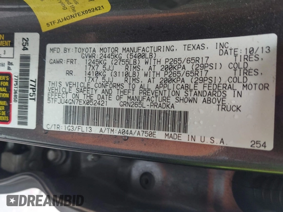 2014 Toyota Tacoma PreRunner with VIN 5TFJU4GN7EX052421, listed as a IAAI auction lot 42360951 with 166,175 mi miles and . Bid and sale history available at DreamBid. Image 9.