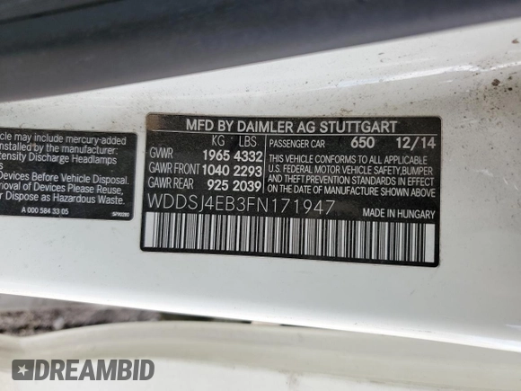2015 Mercedes-Benz CLA 250 with VIN WDDSJ4EB3FN171947, listed as a Copart auction lot 64837573 with Not Provided miles and . Bid and sale history available at DreamBid. Image 14.