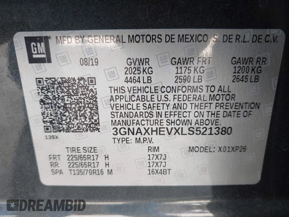 2020 Chevrolet Equinox LS with VIN 3GNAXHEVXLS521380, listed as a IAAI auction lot 40830916 with 72,350 mi miles. Bid and sale history available at carsss.com. Image 9.